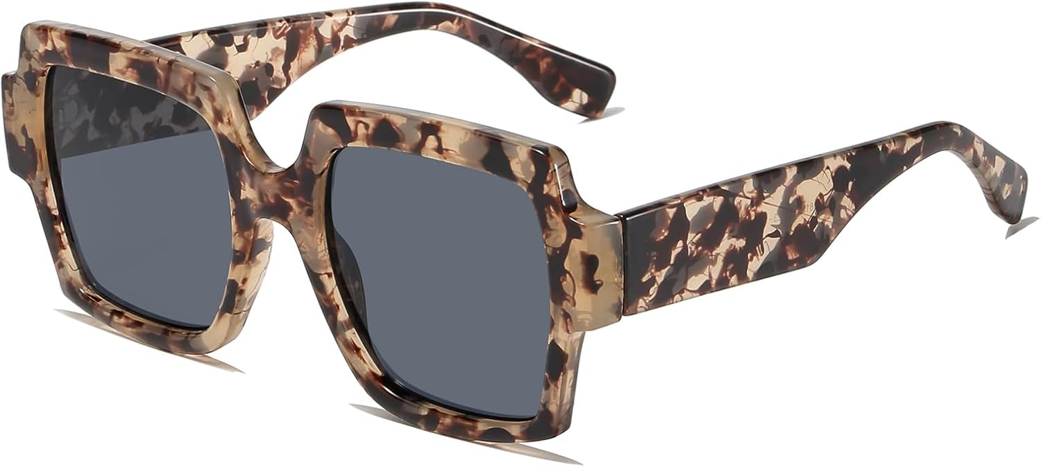 

YAMEIZE Модные большие квадратные солнцезащитные очки - Защита от УФ-излучения, винтажные прямоугольные очки для вождения, отдыха на природе, для женщин и мужчин, Leopard Grey