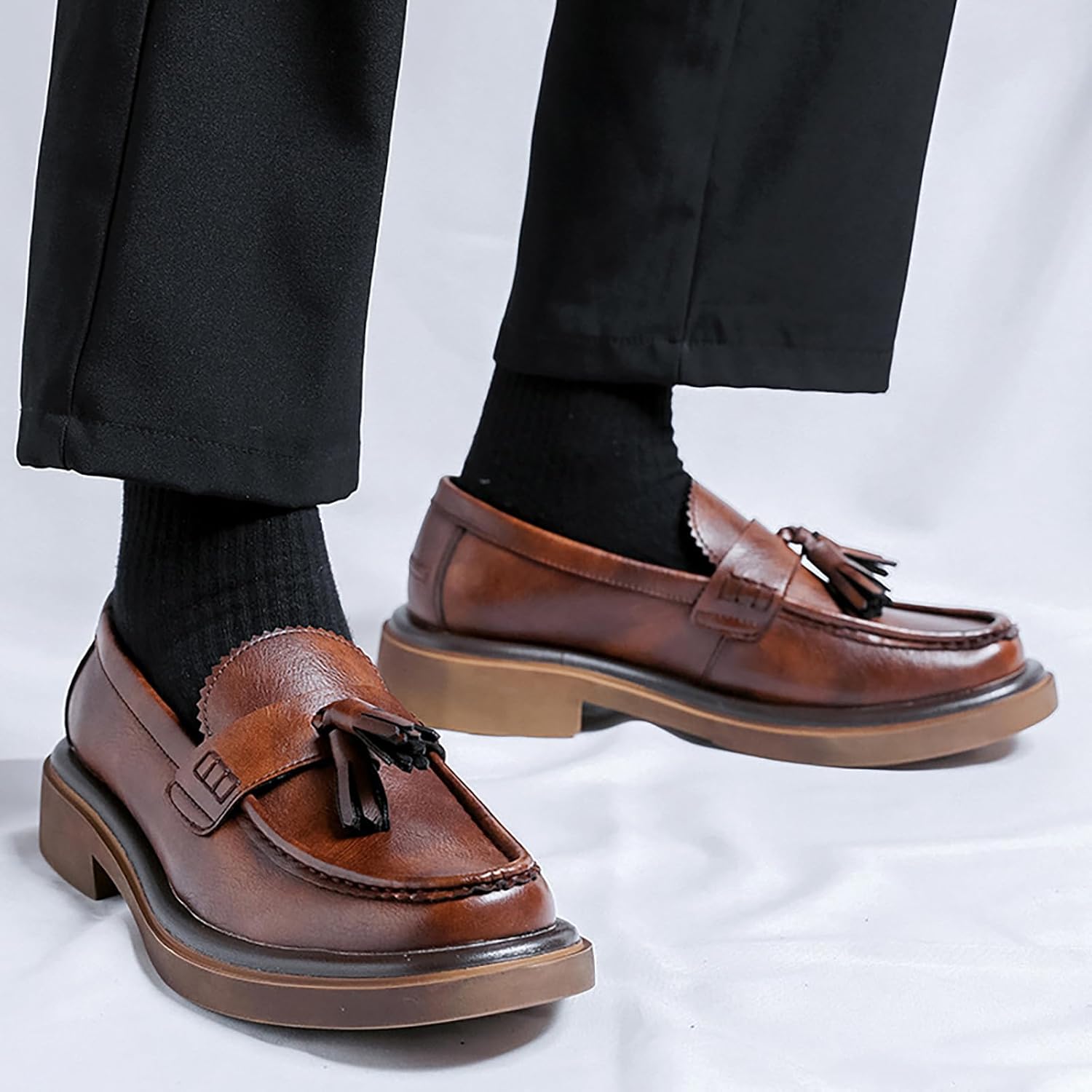 Мужские кожаные лоферы с кисточками - туфли на платформе Penny Slip-On с круглым носком, с нескользящей подошвой для работы в офисе и бизнеса Zghnp, коричневый — фото 4