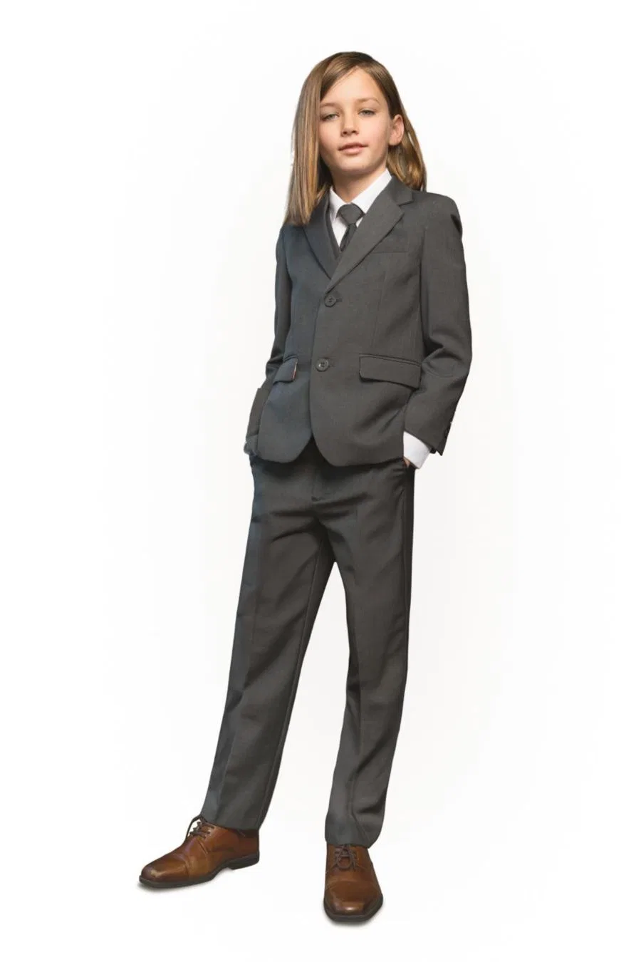 Костюм 007 Slim Fit для маленьких и больших мальчиков, состоящий из 5 предметов: рубашка, галстук, пиджак, жилет и брюки Peanut Butter Collection, угольный — фото 3