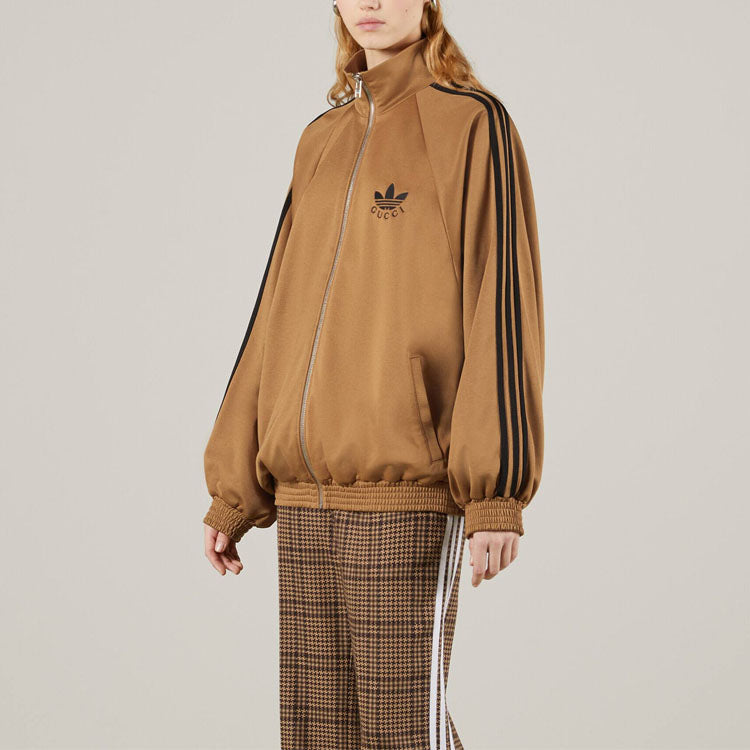 Куртка (WMNS) Gucci x adidas Cotton Jersey Zip Jacket 'Beige Black', бежевый — фото 3