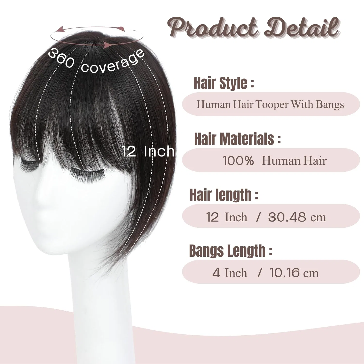 Накладка для волос из натуральных волос с челкой «360° 3D» от Sapphirewigs, 30 см Ohobloom Hair, Natural Black — фото 2