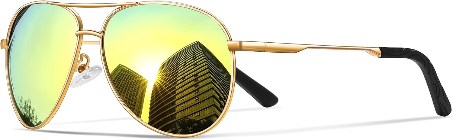 

Солнцезащитные очки для мужчин, поляризованные, авиаторские, для мужчин и женщин, для рыбалки, вождения, с металлической оправой и защитой от УФ-излучения UV400 phikttu, Gold Frame Yellow Mirrored Lens