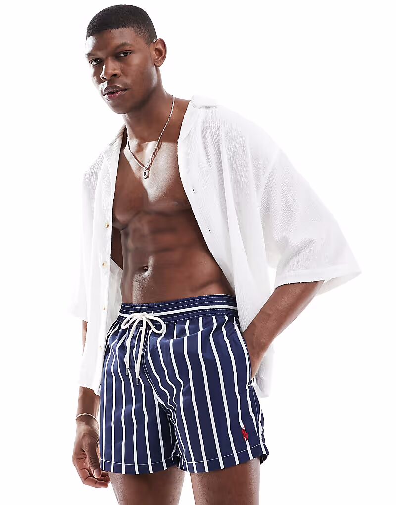 

Шорты для плавания Polo Ralph Lauren Traveler icon logo с широкими полосками облегающего кроя темно-синего цвета