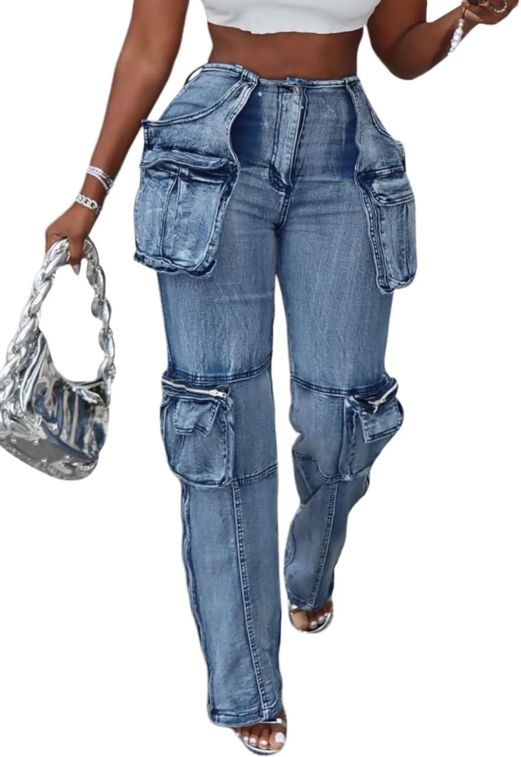 

Женские прямые джинсы-карго с боковой молнией и карманами longlugoo