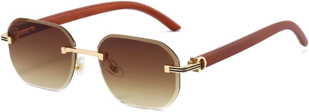 

Солнцезащитные очки без оправы шестиугольной формы для мужчин и женщин, модные очки с текстурой дерева, упрощенные квадратные солнцезащитные очки TVTBBVV, Gradient Tea