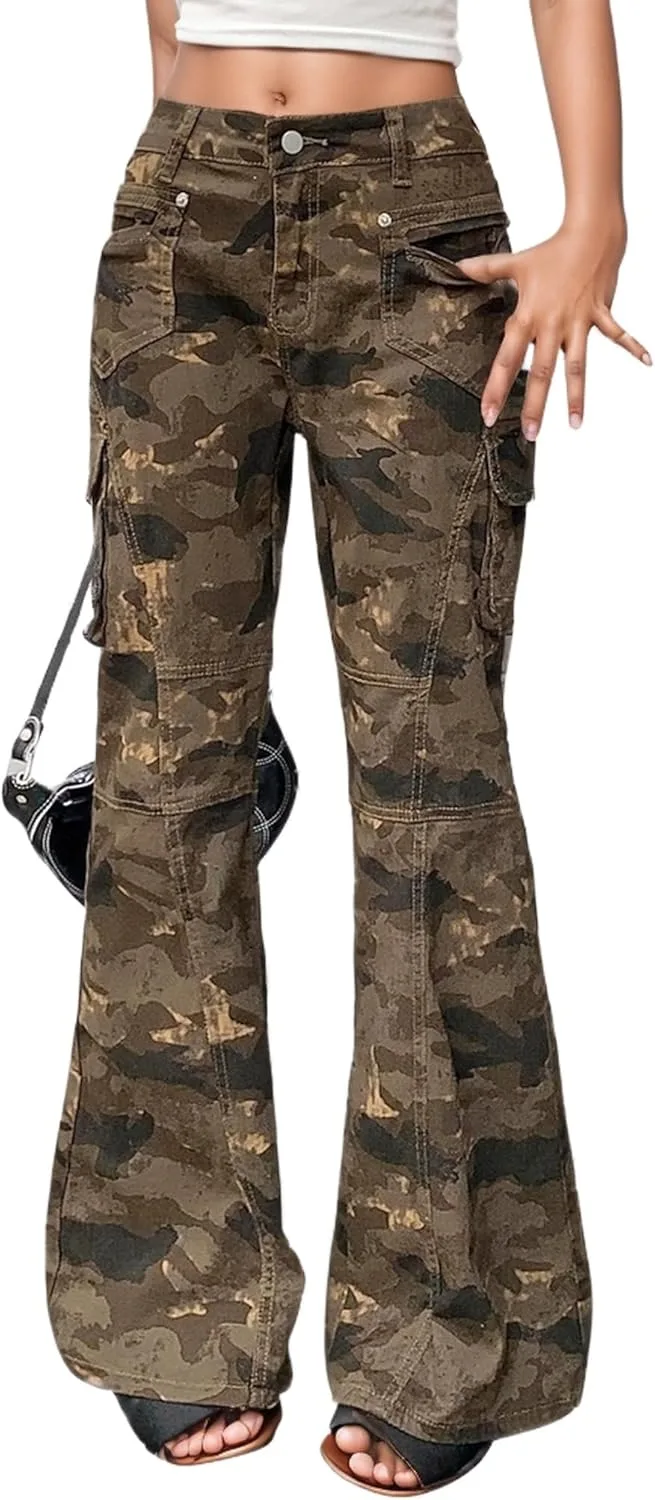 

Camo flare jeans для женщин mid rise camouflage bell bottom cargo jeans y2k с клапанным карманом Viatabuna