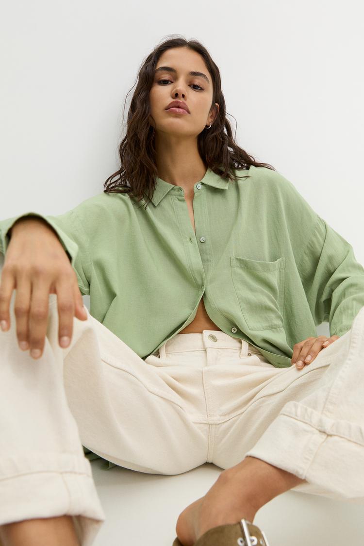 

Рубашка свободного покроя в деревенском стиле Pull And Bear, зеленый