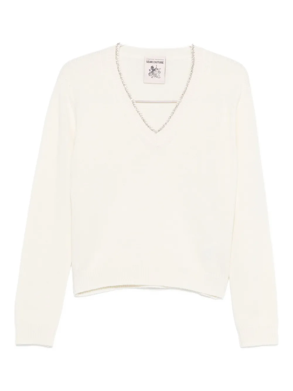 

Свитер с v-образным вырезом, украшенный кристаллами Semicouture, белый