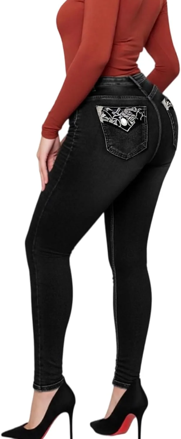 

Женские джинсы скинни с высокой талией черные с цветными вставками и вышивкой QERINTE