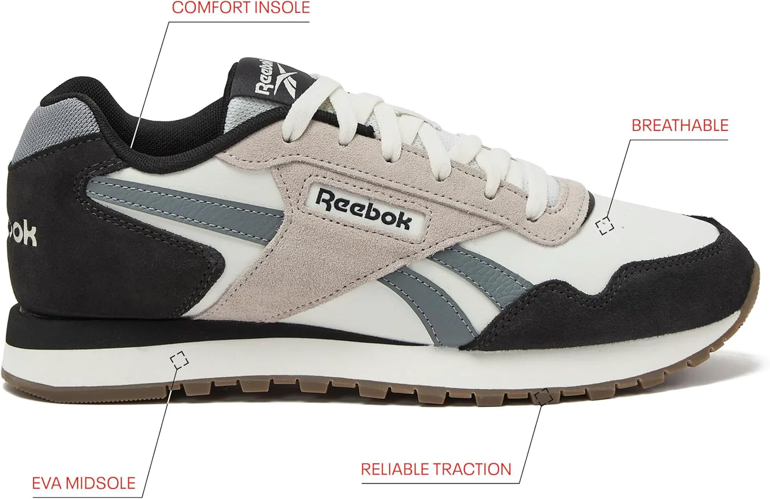 Мужские кроссовки Reebok Glide - черные или белые теннисные туфли, размеры с 7 по 15, белый/черный — фото 2
