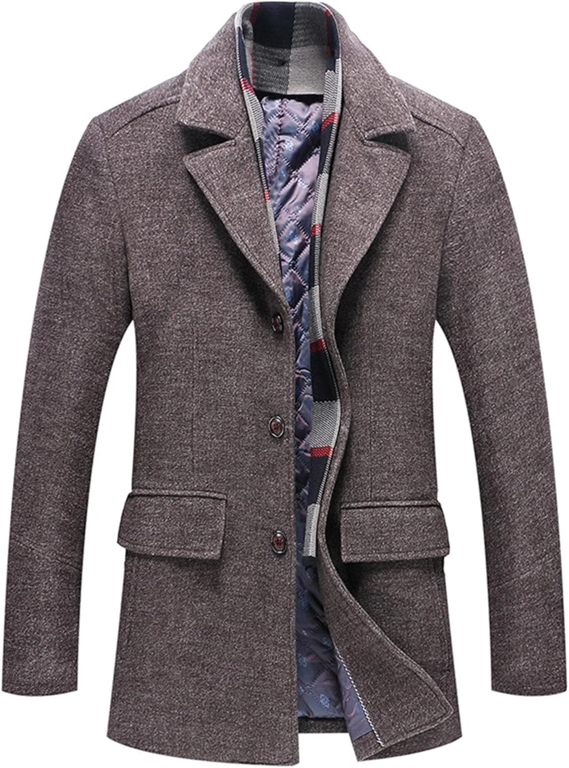 Мужское однобортное пальто pea coat из шерстяной смеси для зимы и бизнеса с отложным воротником, классическое длинное тренч Generic, кофейный