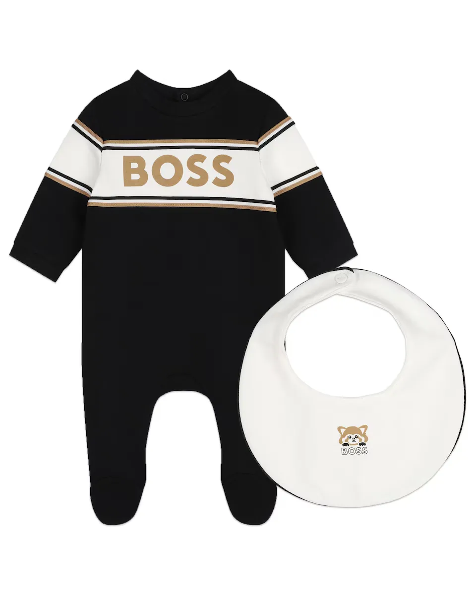 

Пижамный комплект для мальчика с логотипом спереди и нагрудником BOSS Kidswear, черный