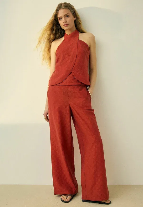 Брюки Next Petite fit jacquard checkerboard wide leg, ржаво-красный — фото 4