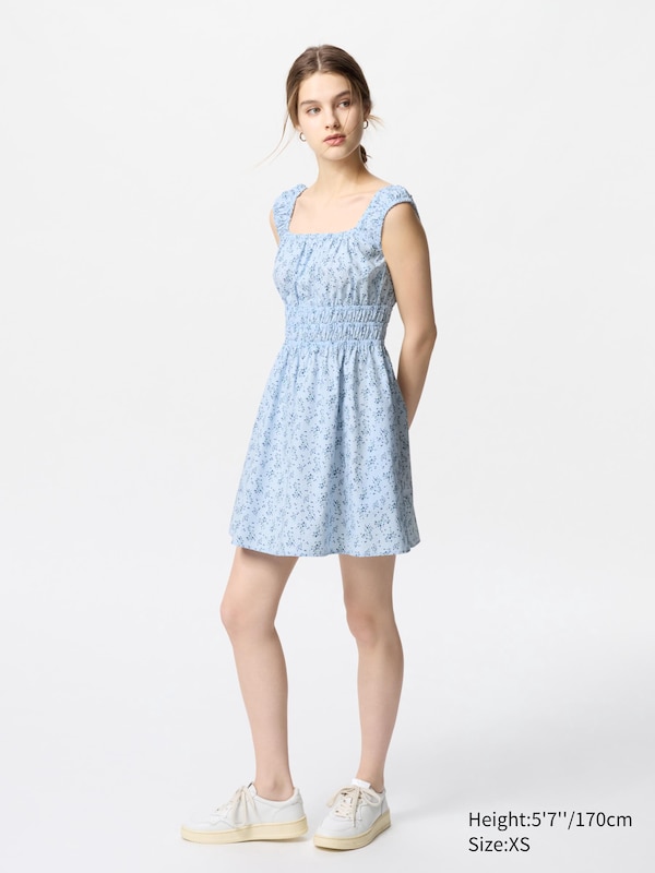 

Мини-Платье из хлопка со сборками (без рукавов, с принтом) Uniqlo, синий