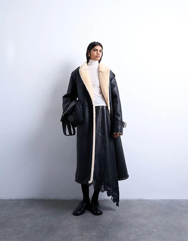 

Длинное пальто-авиатор Topshop свободного кроя в черном и кремовом цвете