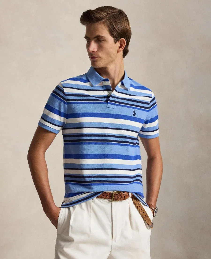 Мужская приталенная полосатая сетчатая рубашка-поло Polo Ralph Lauren, Bristol Blue Multi