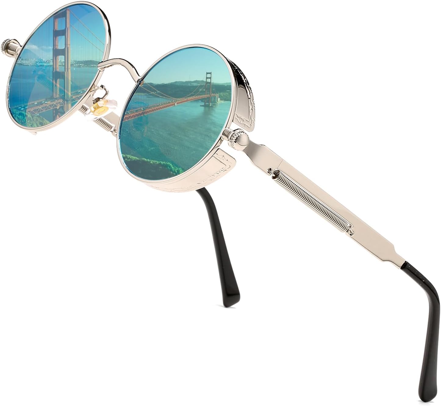 

HJSTES Винтажные круглые солнцезащитные очки в стиле стимпанк для женщин и мужчин, круглые готические очки в ретро-металлической оправе, A07 Blue Mirrored/Silver Frame