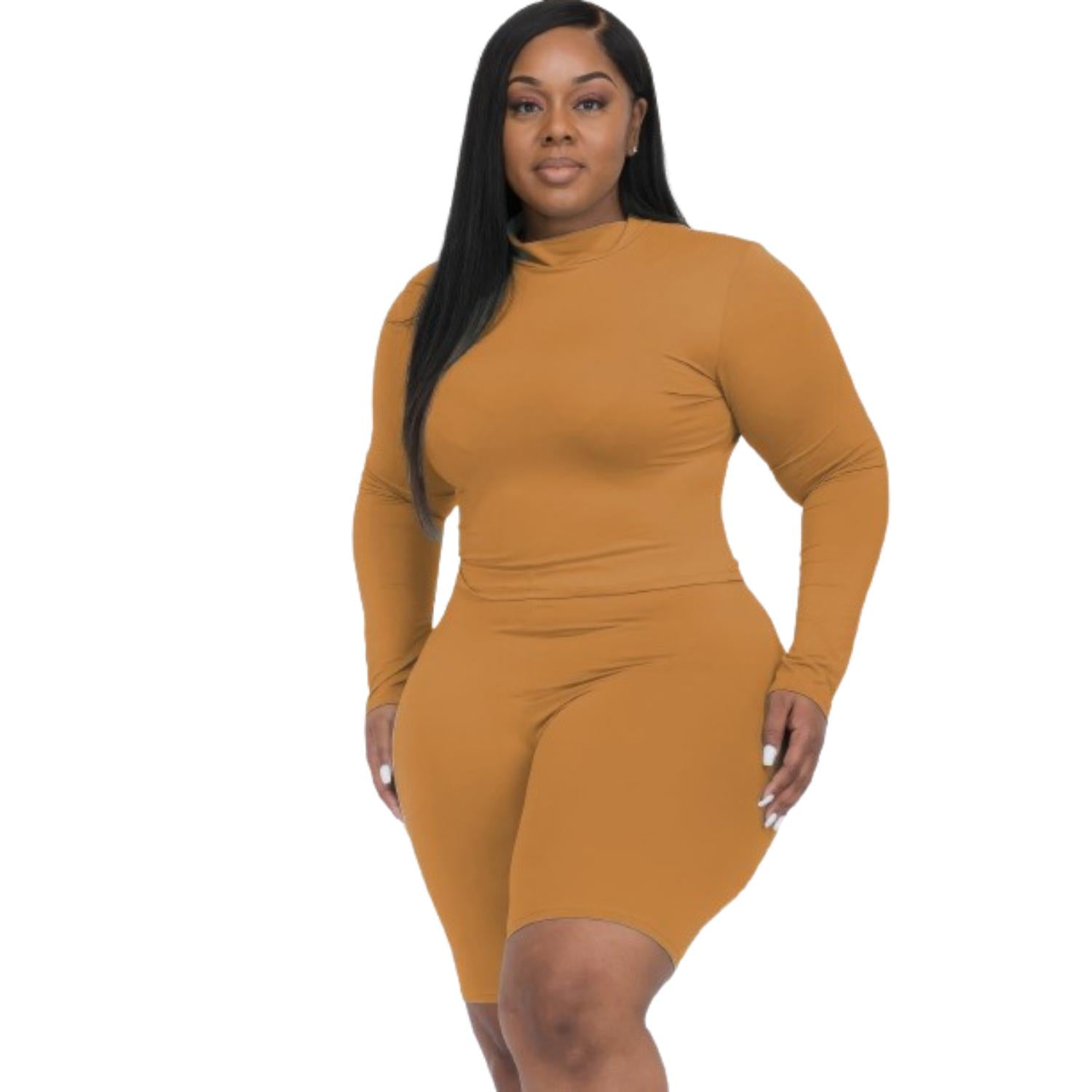 

Плюс комплект из топа с воротником-стойкой и байкерских шорт FASHNZFAB, цвет brown sugar