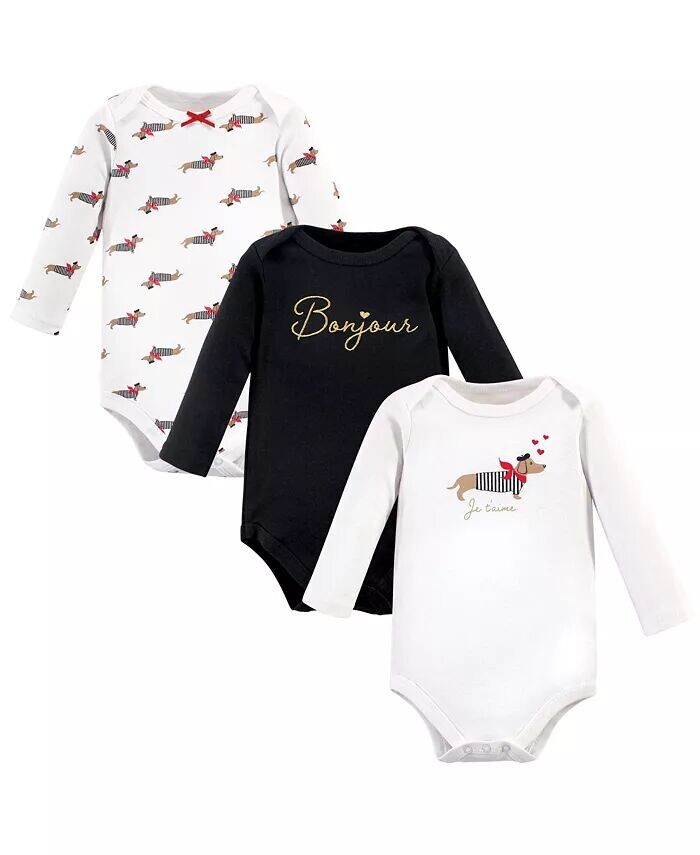 

Хлопковые боди с длинными рукавами для маленьких девочек, Bonjour Dachshund, 3 шт Hudson Baby, белый