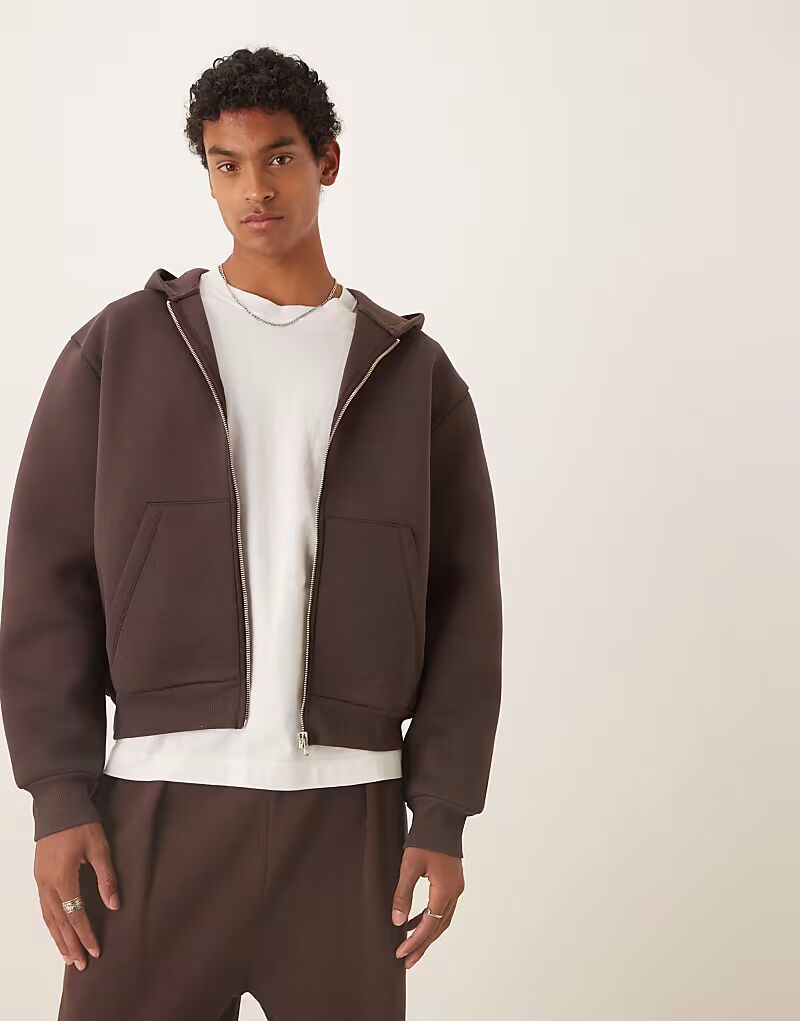 

Толстовка свободного кроя из плотной ткани с капюшоном ASOS DESIGN коричневого цвета с застежкой-молнией