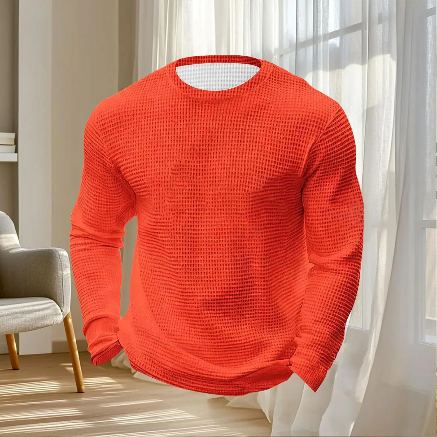 Футболка-вафля для мужчин Casual Fashion с длинным рукавом и круглым вырезом — фото 3