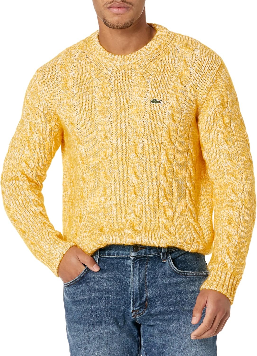 

Lacoste мужской длинный рукав кабельный вязаный свитер, Farine/Pistil