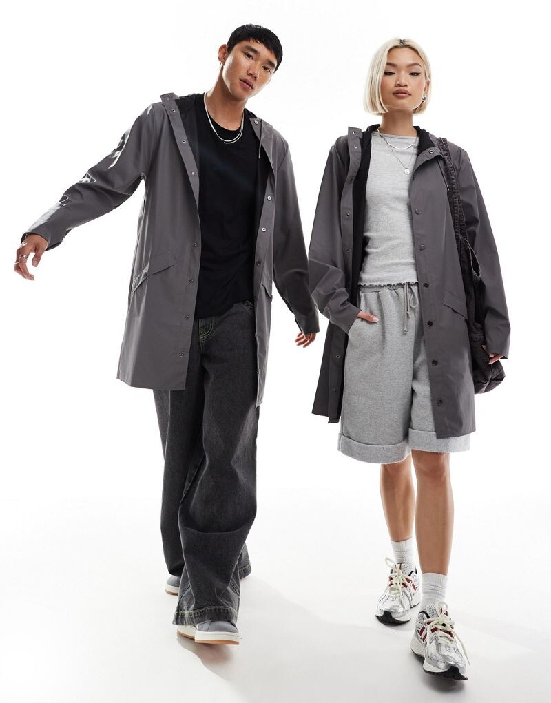 

Rains Unisex — 12020 — Серая длинная непромокаемая куртка с капюшоном