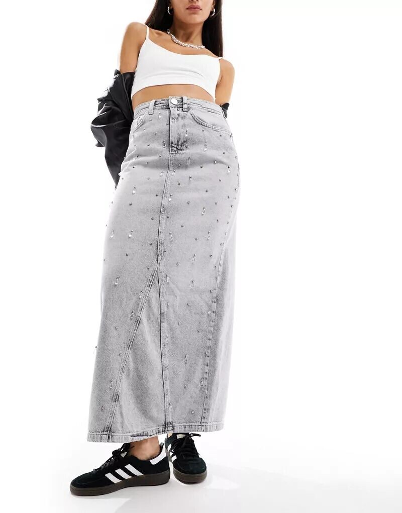 

Светло-серая джинсовая юбка макси с декором River Island