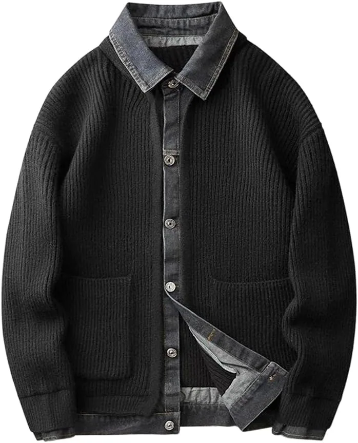 

Мужской кардиган-свитер с джинсовой аппликацией