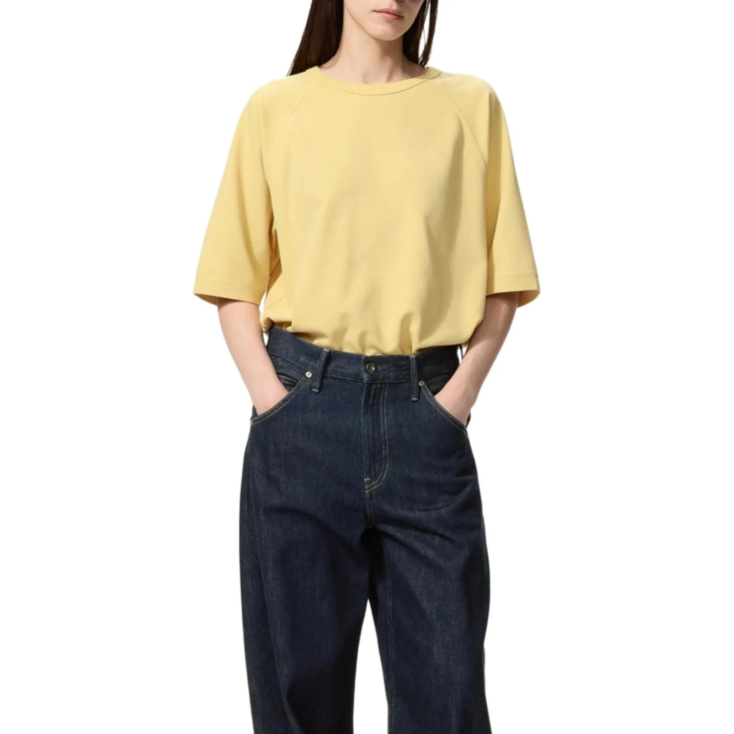 UNIQLO Футболка унисекс абрикосово-желтая с круглым вырезом — фото 3