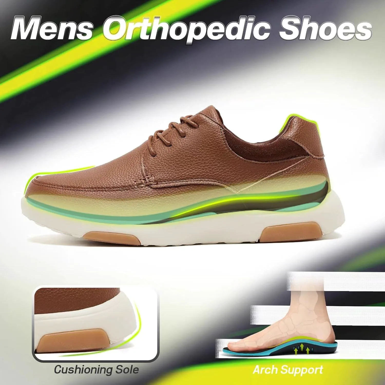 Мужские ортопедические кожаные туфли OrthoComfoot: удобные модные кроссовки при подошвенном фасците с поддержкой свода стопы, повседневные рабочие туфли для бизнес-образа, облегчающие боль в стопе и пятке, коричневый — фото 2