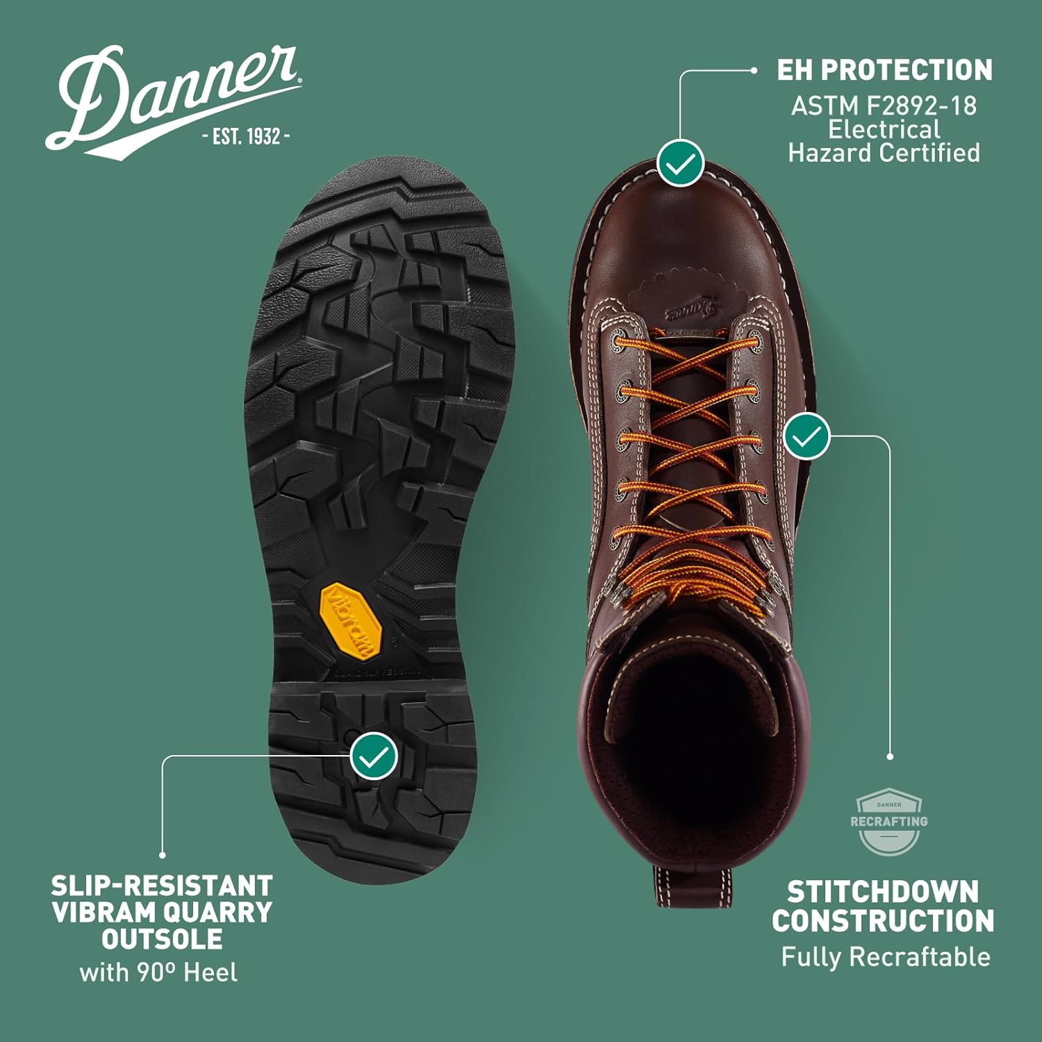 Мужские ботинки Danner Quarry 8 USA водонепроницаемые - из кожи полного тви, с Gore-Tex, стелька с трехуровневой амортизацией и подошва с протектором на пятке, электрозащитные, коричневый — фото 4