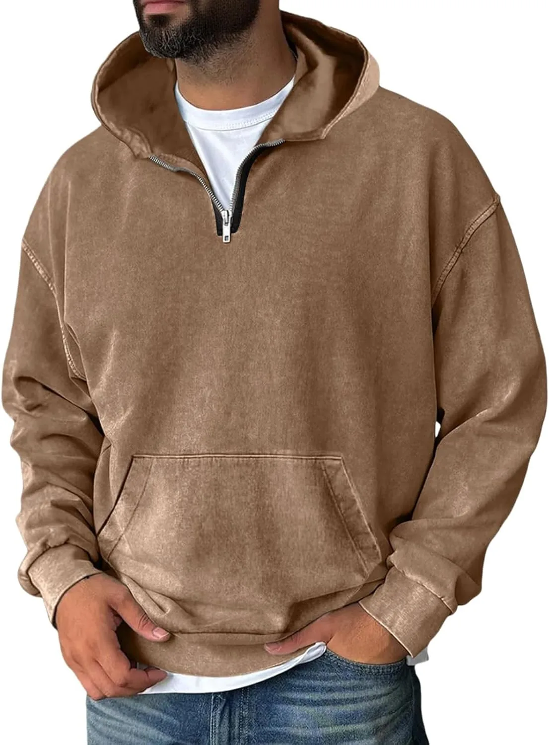 

Мужская толстовка с капюшоном на четверть молнии, флисовая, с карманом Bakgeerle