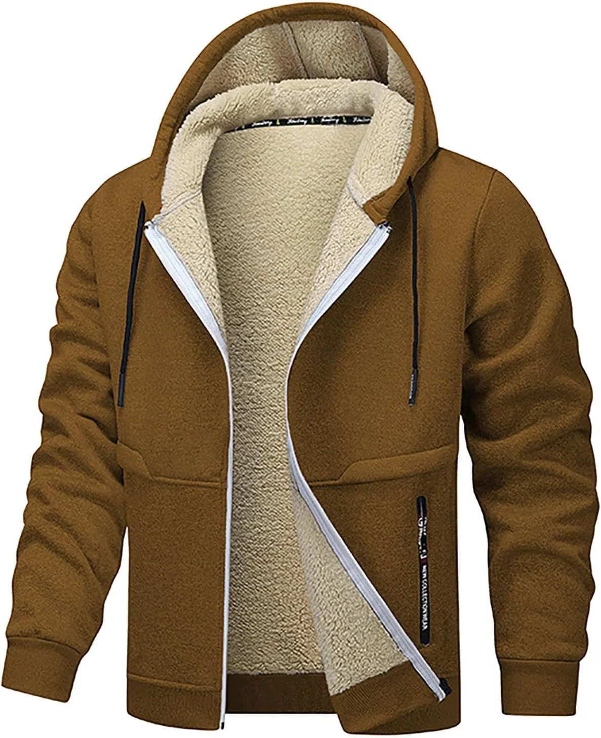 Мужские зимние куртки на флисовой подкладке, теплые, из плотной шерпы, с капюшоном, на молнии, с карманом Generic, коричневый