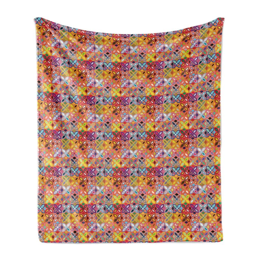 

ABAKUHAUS Vintage Tribal Мягкое фланелевое флисовое одеяло, прозрачный геометрический орнамент с мотивом лепестков в психоделических тонах, 175 x 230 см, Разноцветный