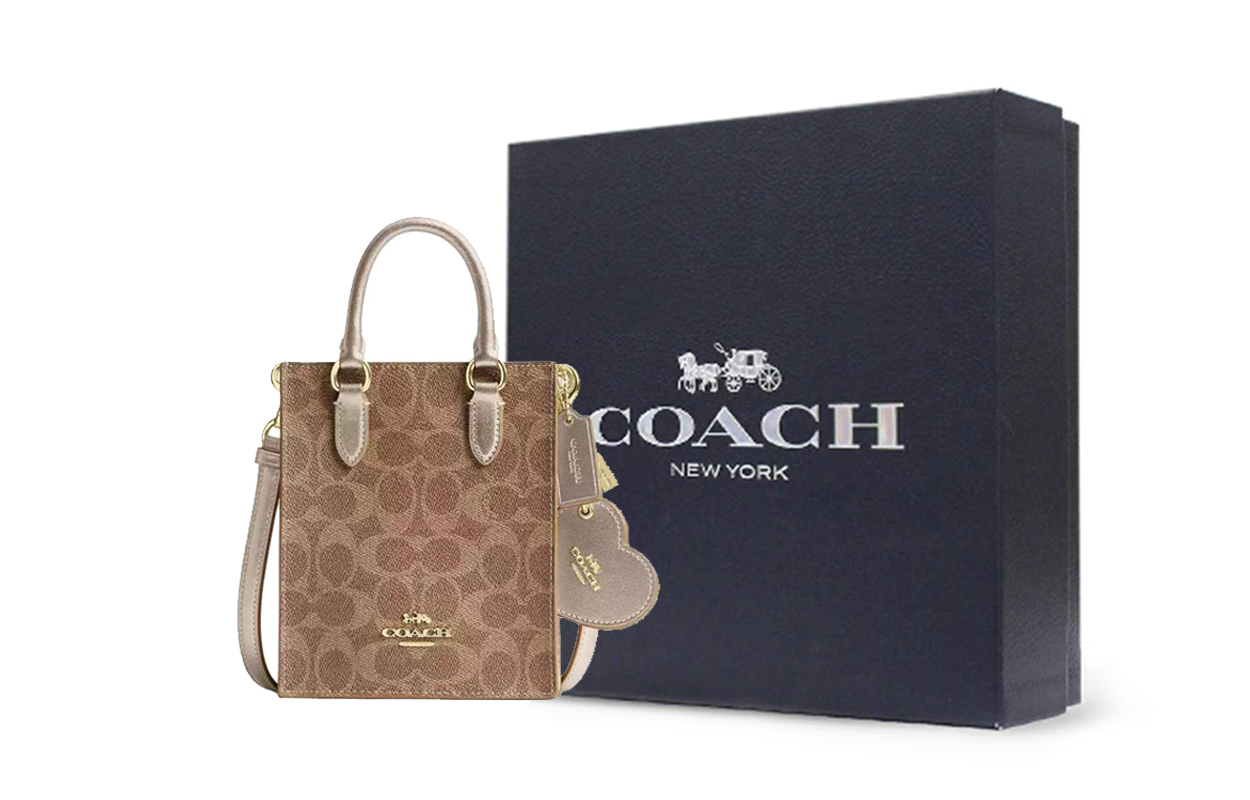 

COACH Кожаная сумка для нот из котированного холста с наплечным ремнем миниатюрная женская хаки