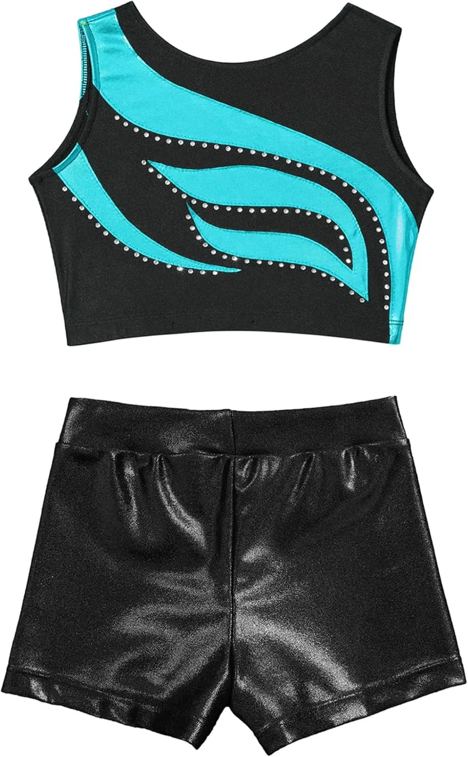 Детский спортивный комплект из топа и шорт JanJean, блестящий, Blue Green&black — фото 3