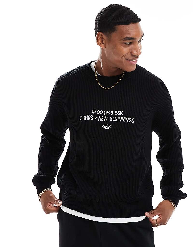 

Черный вязаный свитер в рубчик с рисунком спереди Bershka