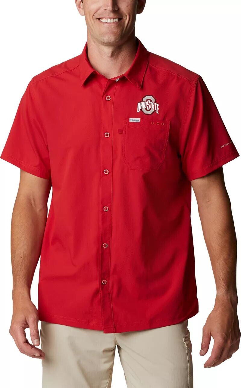 

Мужская рубашка на пуговицах Columbia Slack Tide Scarlet Buckeyes штата Огайо