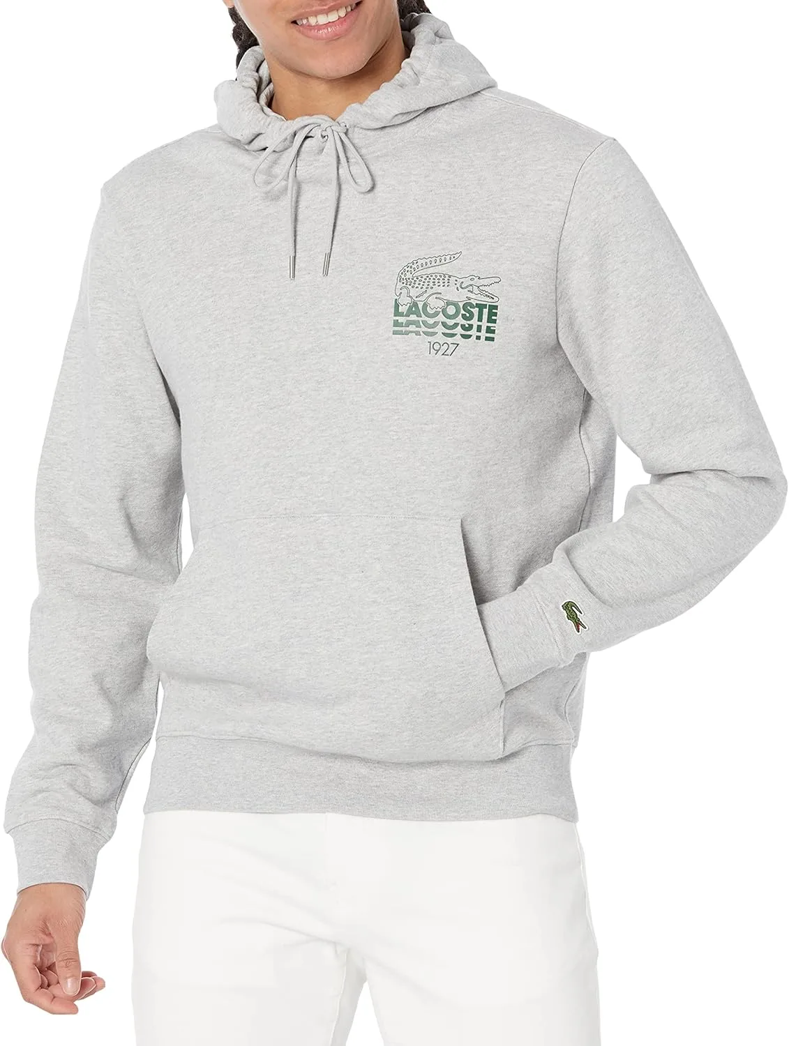 Мужская толстовка Lacoste из хлопкового флиса с капюшоном и логотипом Crocodile, серебро