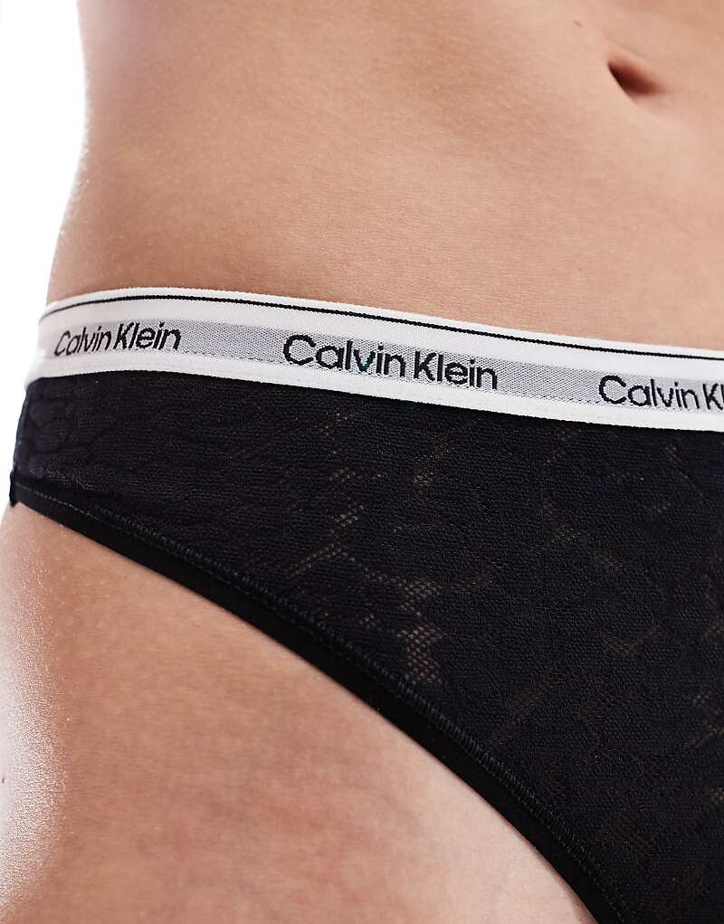 Calvin Klein – Modern – Черные кружевные стринги с глубокими вырезами и логотипом — фото 2