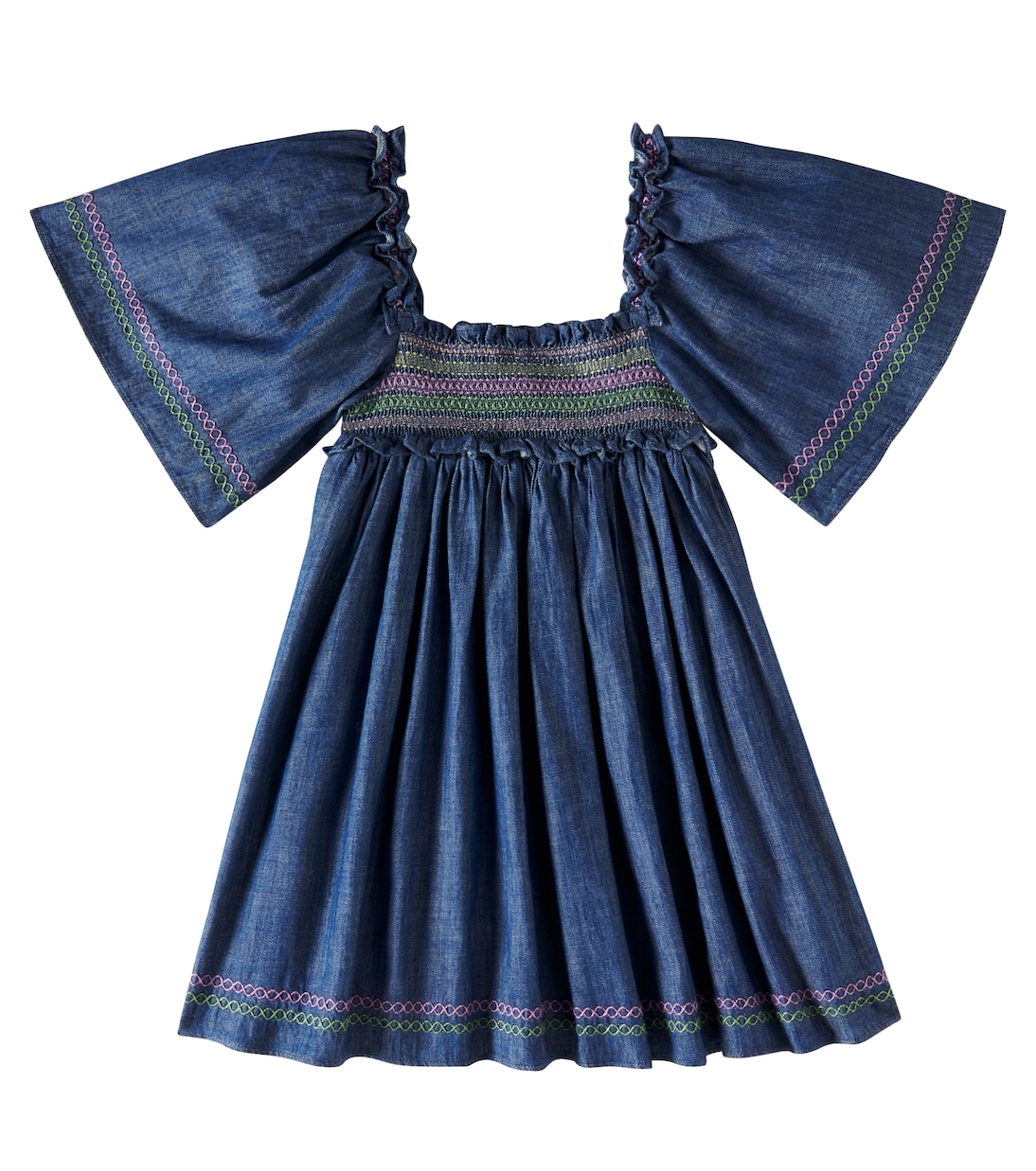 Платье из сального денима с присборенной текстурой Zimmermann Kids, Blue Lagoon — фото 4