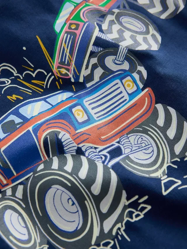Детская светящаяся в темноте футболка, синие монстр-траки Mini Boden — фото 3