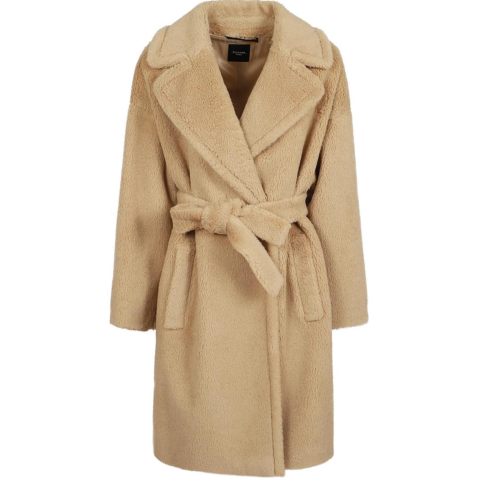 

Удлиненное пальто с поясом и длинными рукавами Weekend Max Mara, бежевое