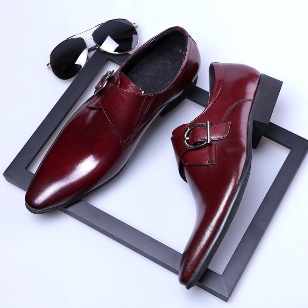 Мужские туфли Monk Strap Классические Ретро Формальные Деловые Лоферы Легкие Кожаные Слипоны Комфортные Носка Низкий Каблук Заостренный Носок Платиновая Пряжка Лоферы Оксфорды для Повседневной Элегантной Работы, Офиса и Свадьбы Geerta, красный — фото 2