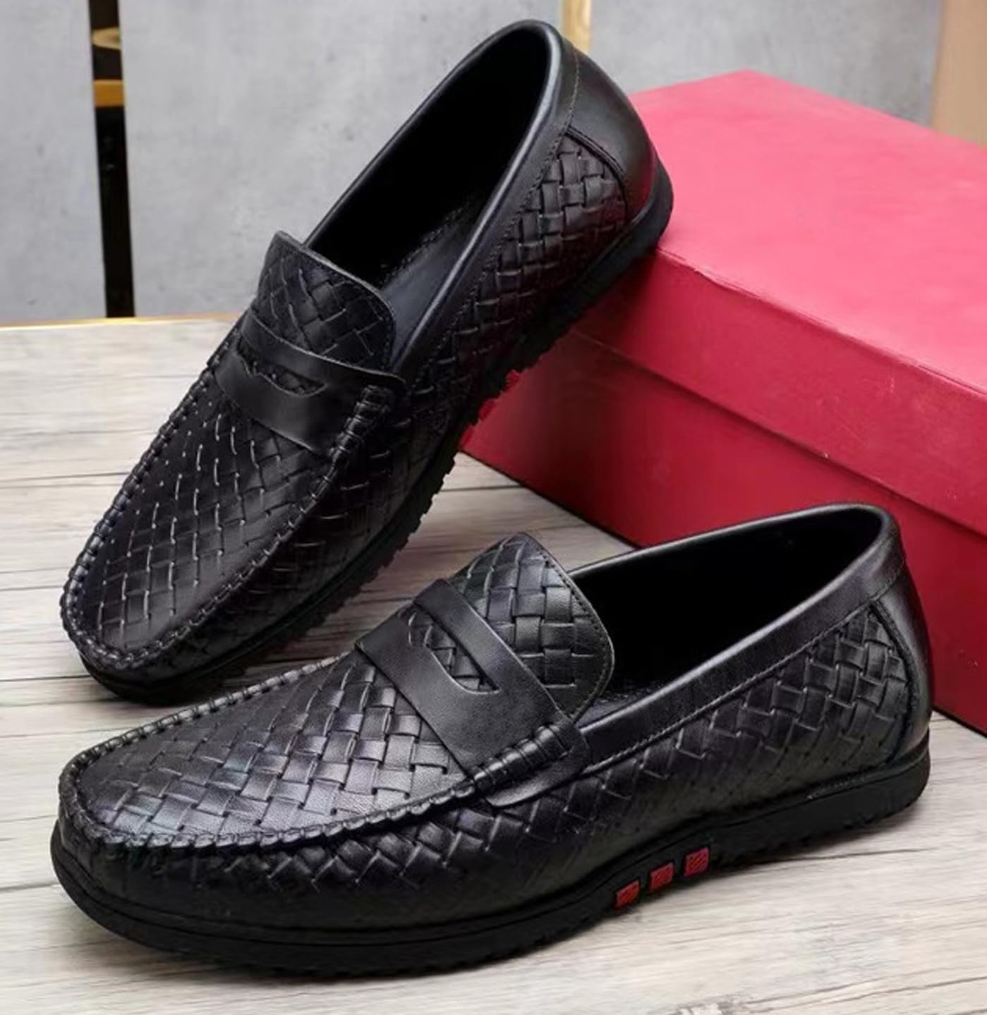 Мужские повседневные кожаные слипоны Santimon Mens, лоферы с отделкой пенни, удобные дышащие мокасины для прогулок, летние ботинки и прогулок на лодке, черный — фото 3