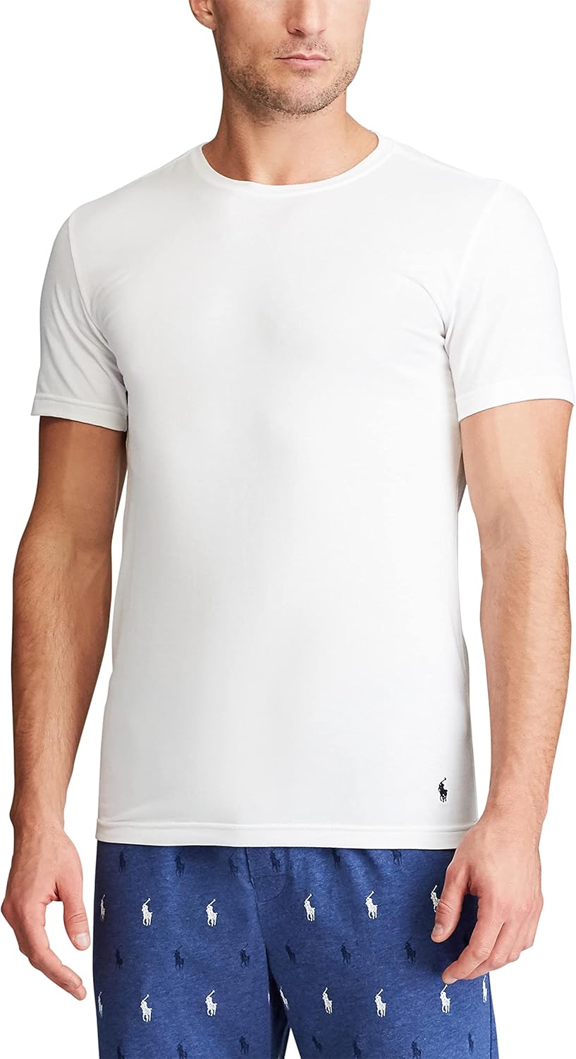 Футболка POLO RALPH LAUREN Men's Slim Fit Stretch Crew Undershirts (3-Pack), White/Navy - 3 Pack — фото 2