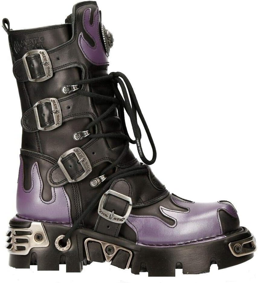 

Новые ботинки New Rock M-591-S5 PURPLE FLAME PUNK Черная кожа Готические тяжелые байкерские, черный