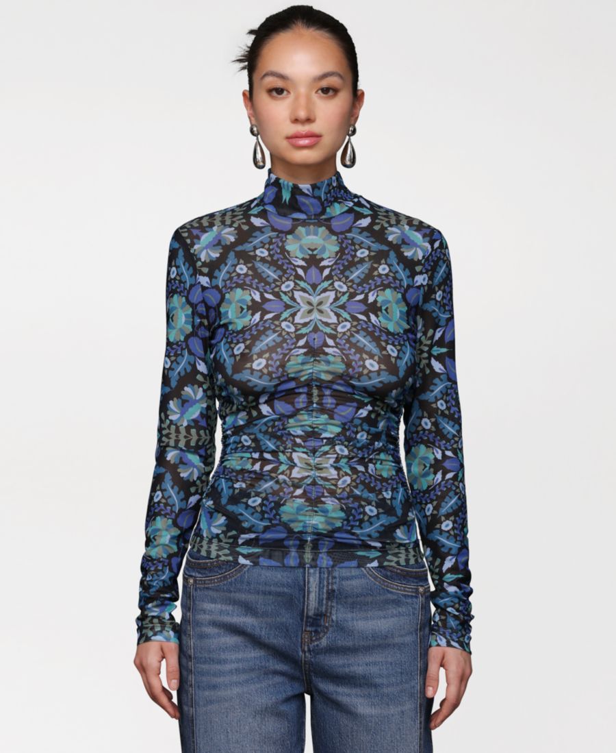 

Женская блузка с принтом, сетчатым верхом, воротником-стойкой и сборками Avec Les Filles, Dark Alpine Tapestry Tile