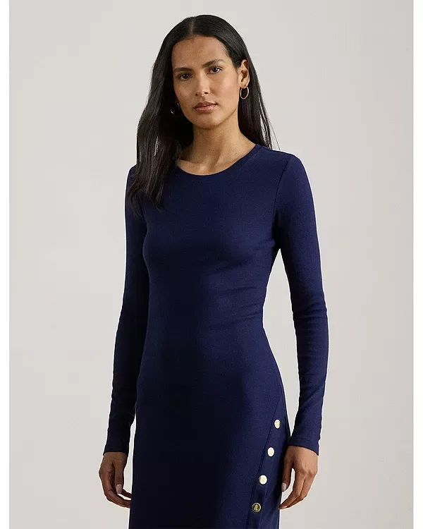 Платье из хлопковой смеси в рубчик с отделкой пуговицами Ralph Lauren, Navy — фото 2